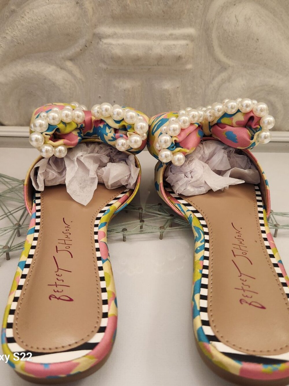 Betsey Johnson Yellow Pink Blue Floral Pearl Slide Sandals